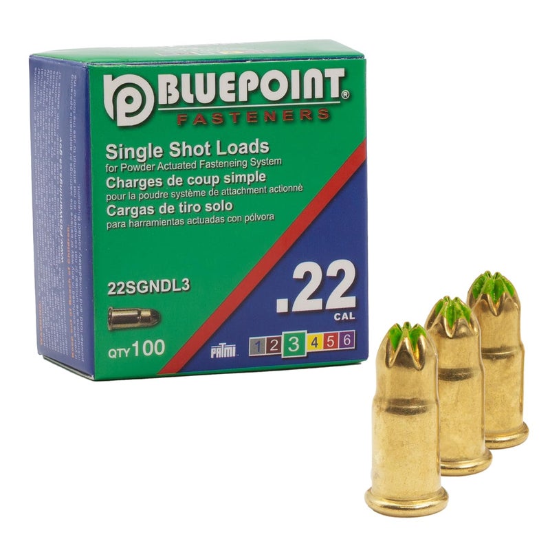 Bluepoint .22 Cal Green Neck Down Single Shot Powder Load for Powder Actuated Fastening System, (500 - Count). Item# 22SGNDL3 5-Pack Save $10 - Image 2